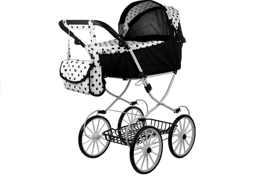 Poppenwagen met tas - Zwart met wit - 70 x 43 x 91 cm