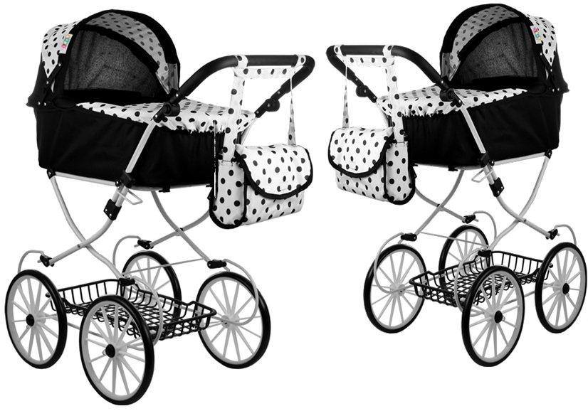 Poppenwagen met tas - Zwart met wit - 70 x 43 x 91 cm