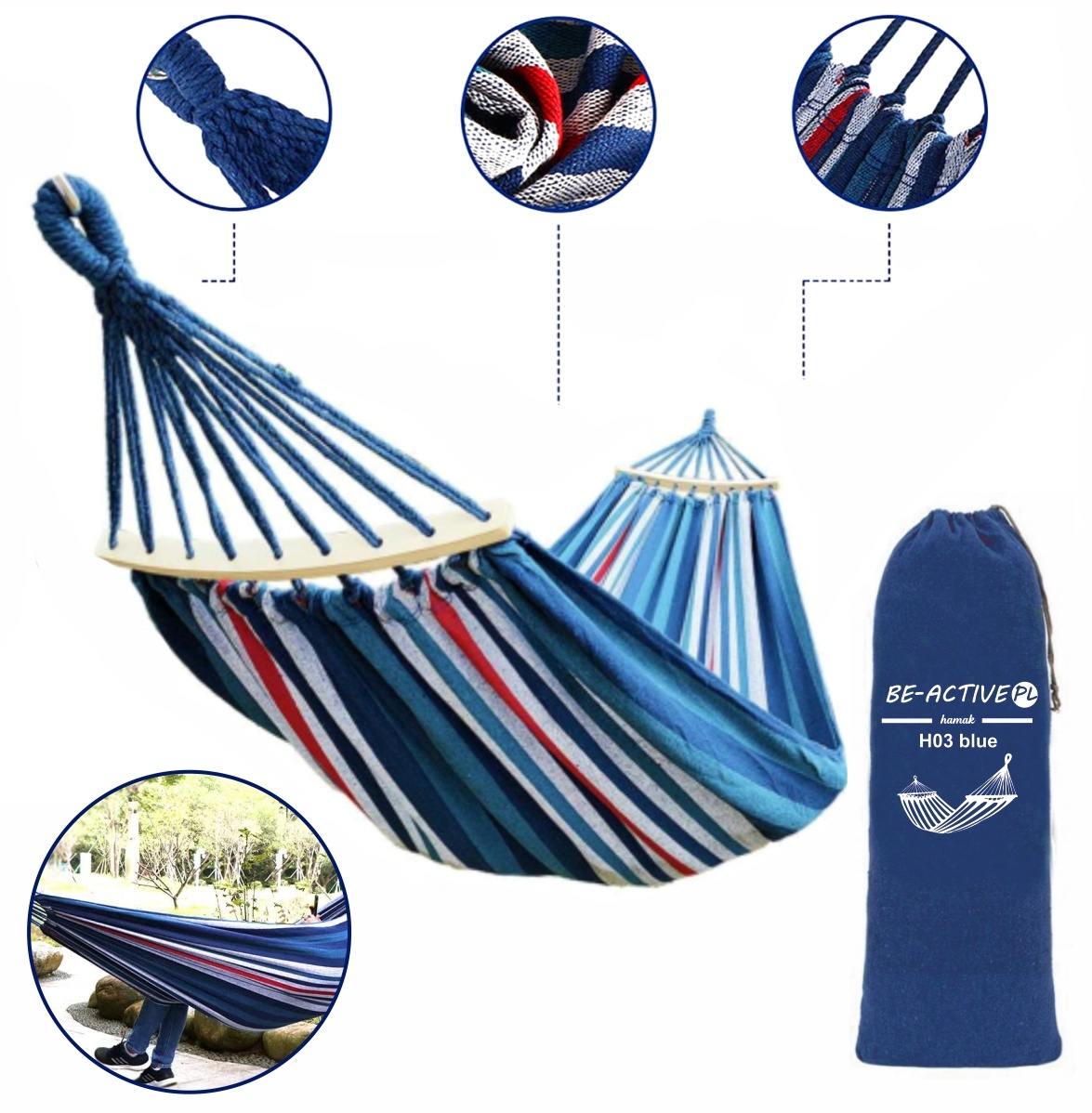 Hangmat 280x150 cm – Blauw gestreept  – Inclusief hoes