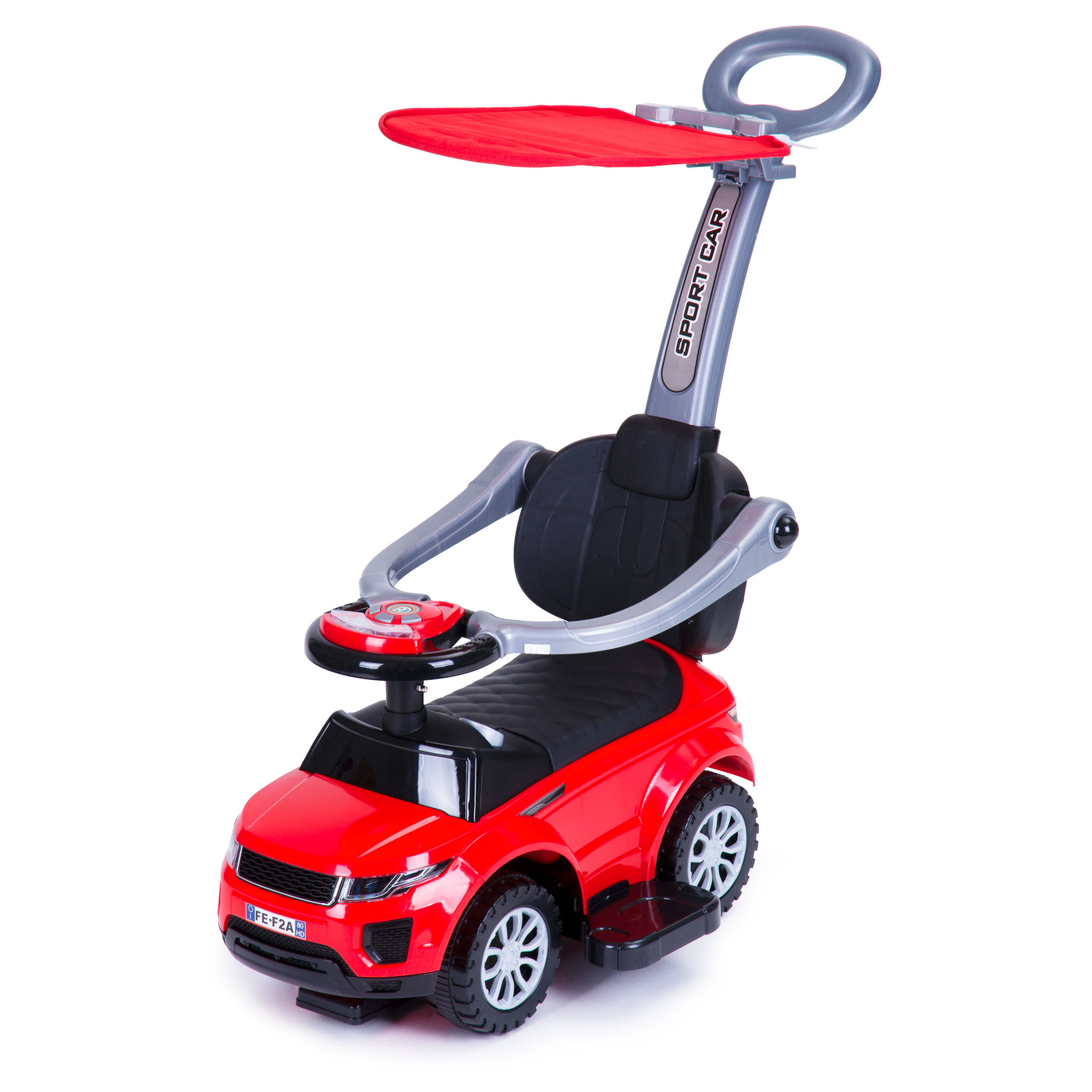 Loopwagen met duwstang + kap – Interactief – Rood