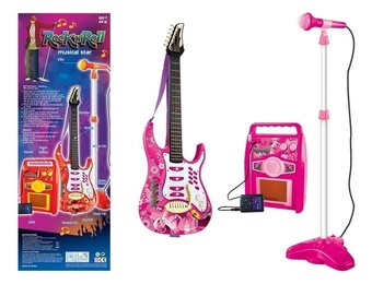 Kinder muziekset gitaar met versterker en microfoon - roze