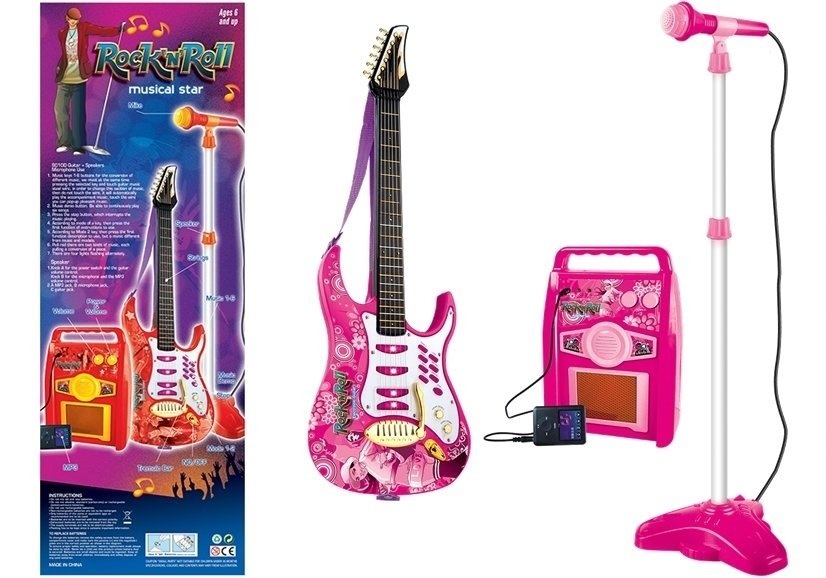 Kinder muziekset gitaar met versterker en microfoon - roze
