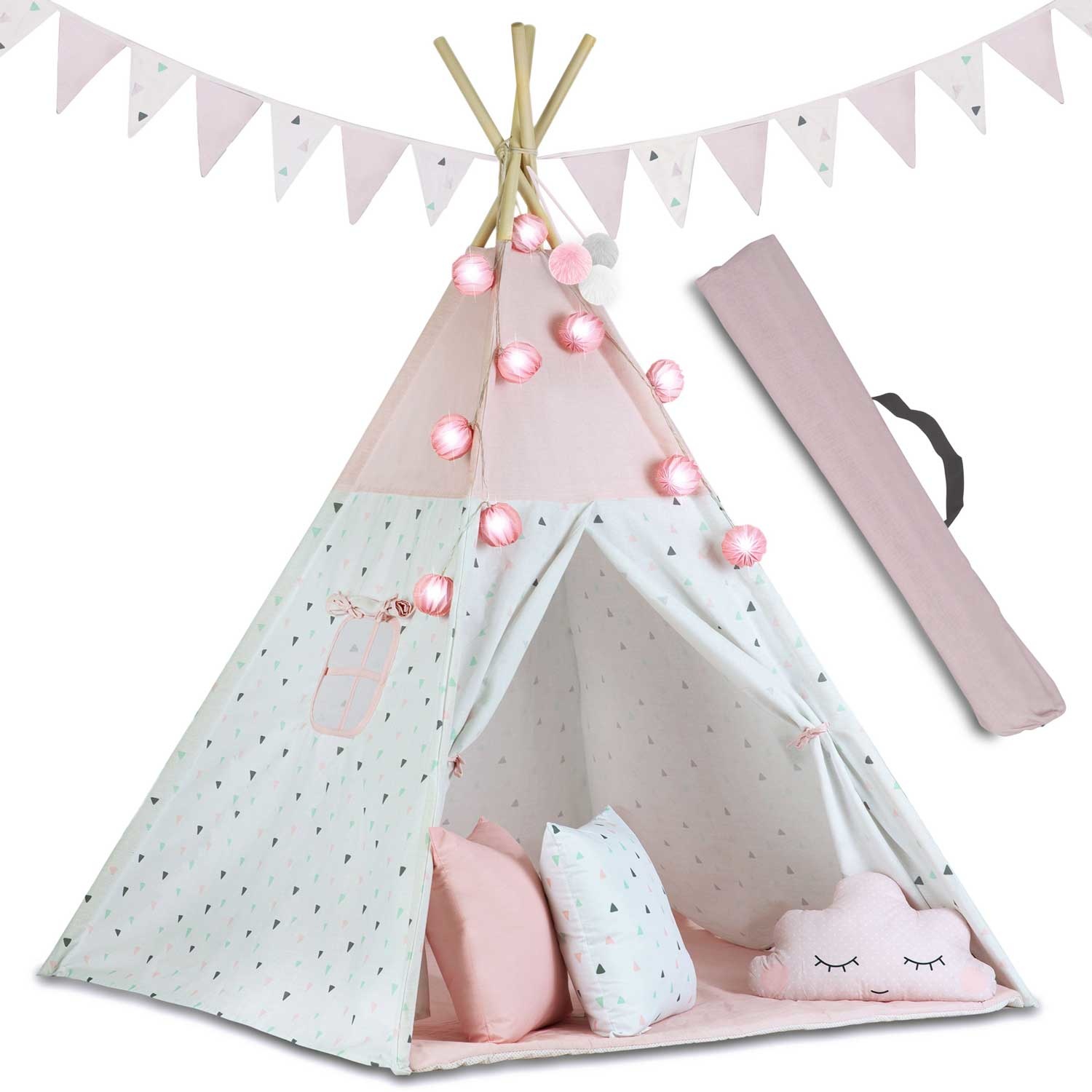 Tipi speeltent met licht & slingers – Roze