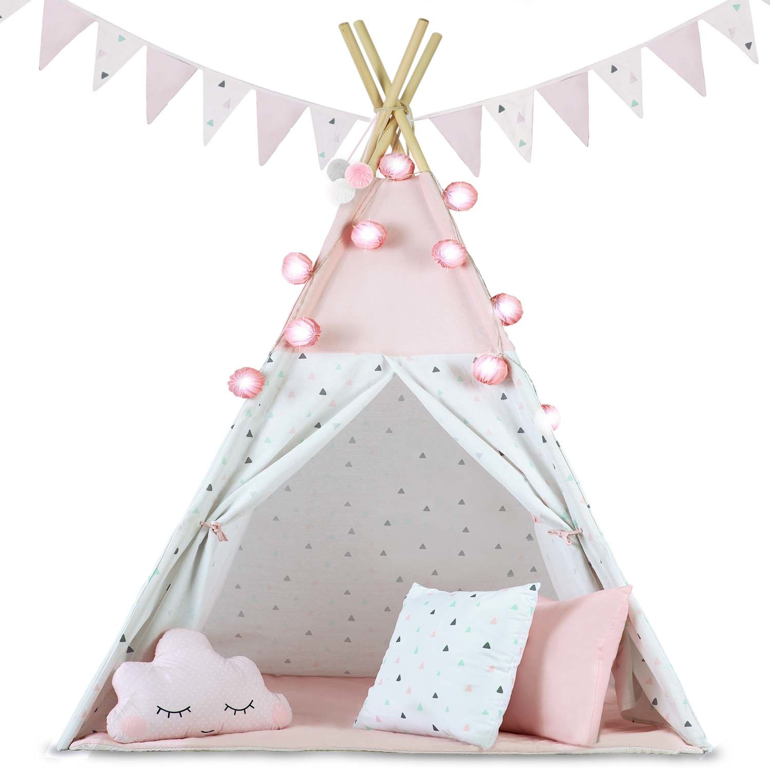 Tipi speeltent met licht & slingers – Roze
