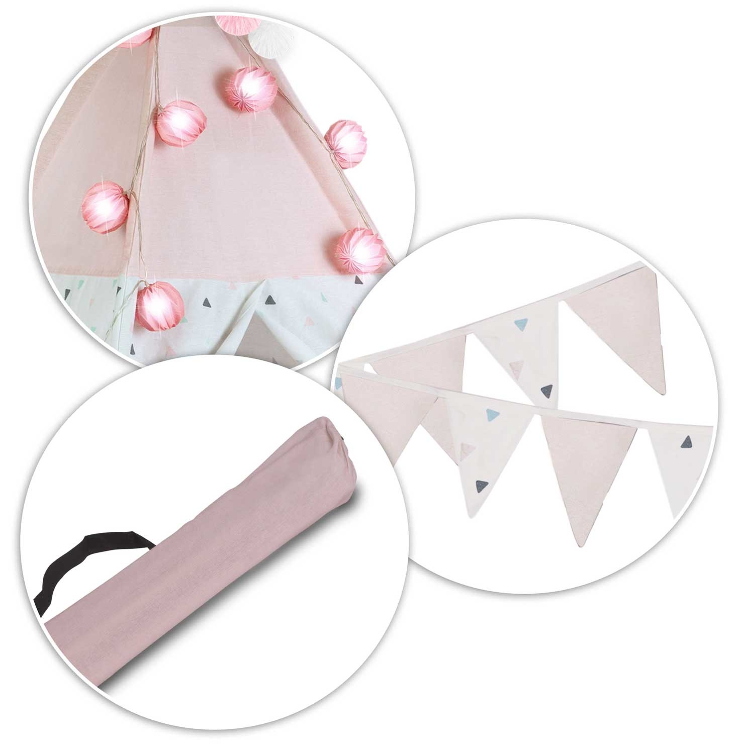 Tipi speeltent met licht & slingers – Roze