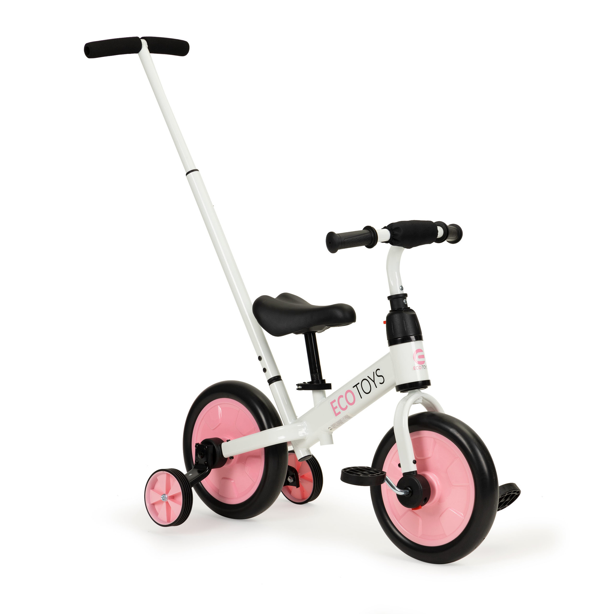 Loopfiets met duwstang - tot 30 kg belasting - wit met roze
