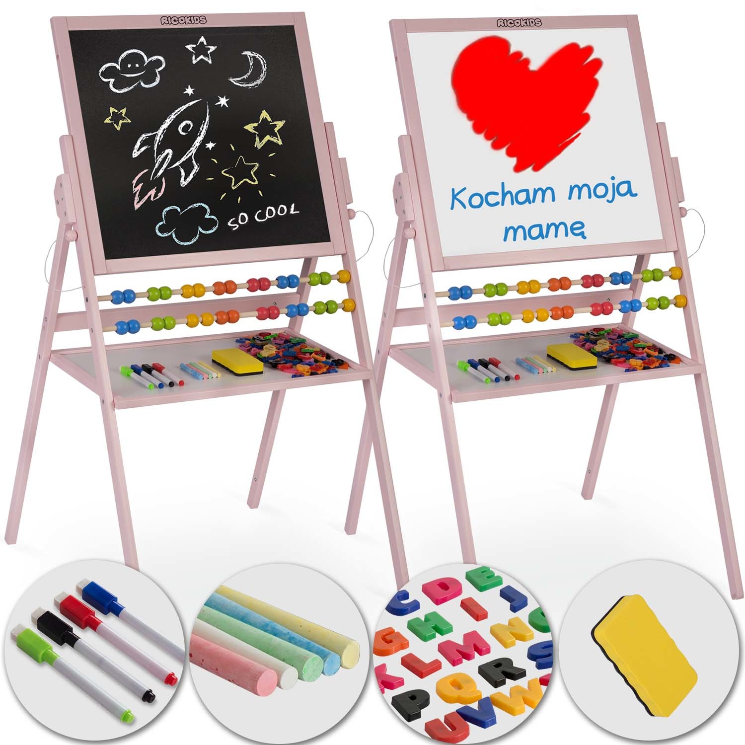 Krijtbord magnetisch dubbelzijdig met telraam & schrijfgerei - Roze