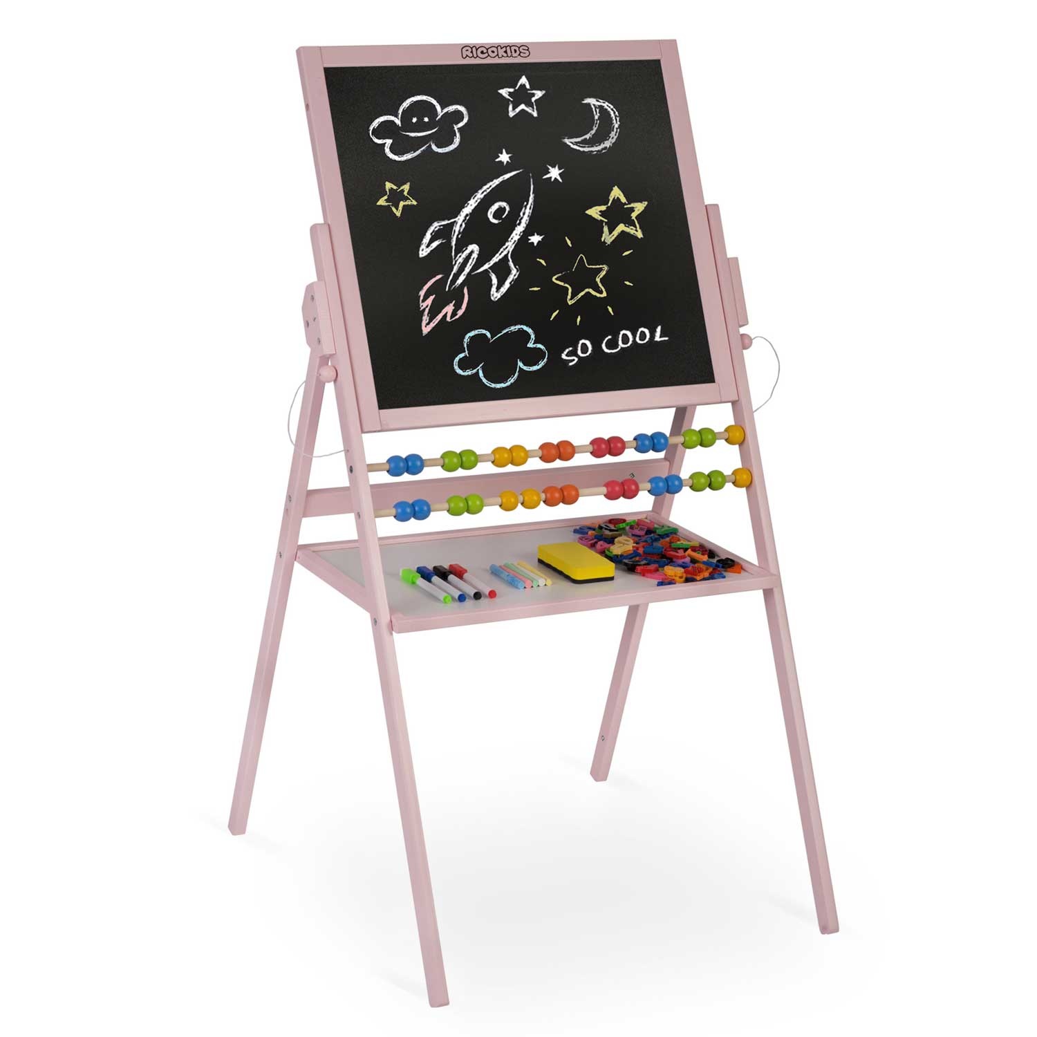 Krijtbord magnetisch dubbelzijdig met telraam & schrijfgerei - Roze
