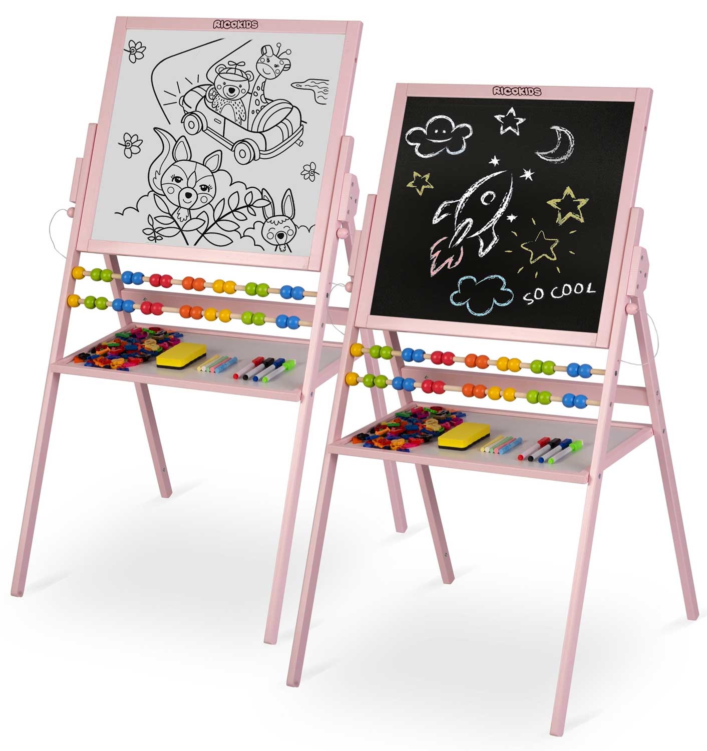 Krijtbord magnetisch dubbelzijdig met telraam & schrijfgerei - Roze