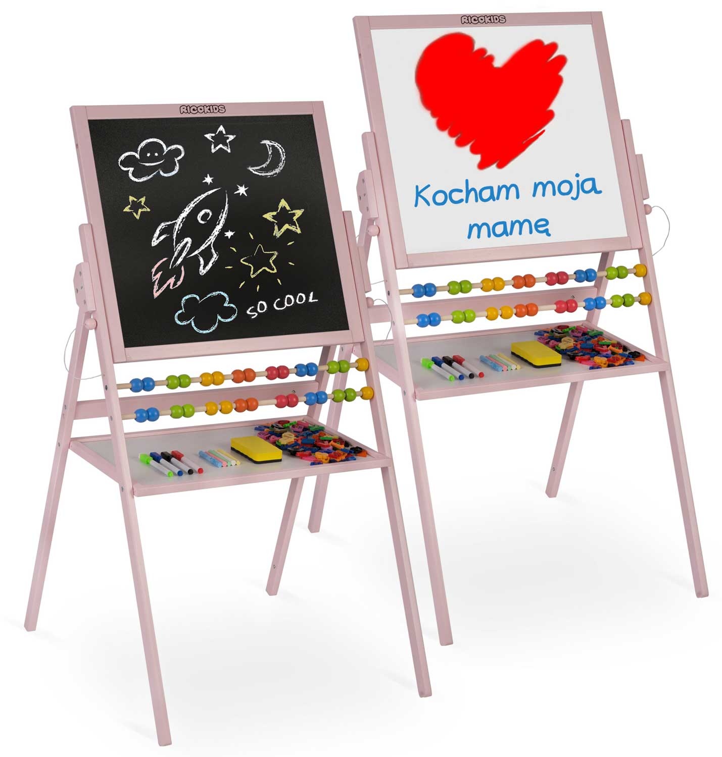 Krijtbord magnetisch dubbelzijdig met telraam & schrijfgerei - Roze