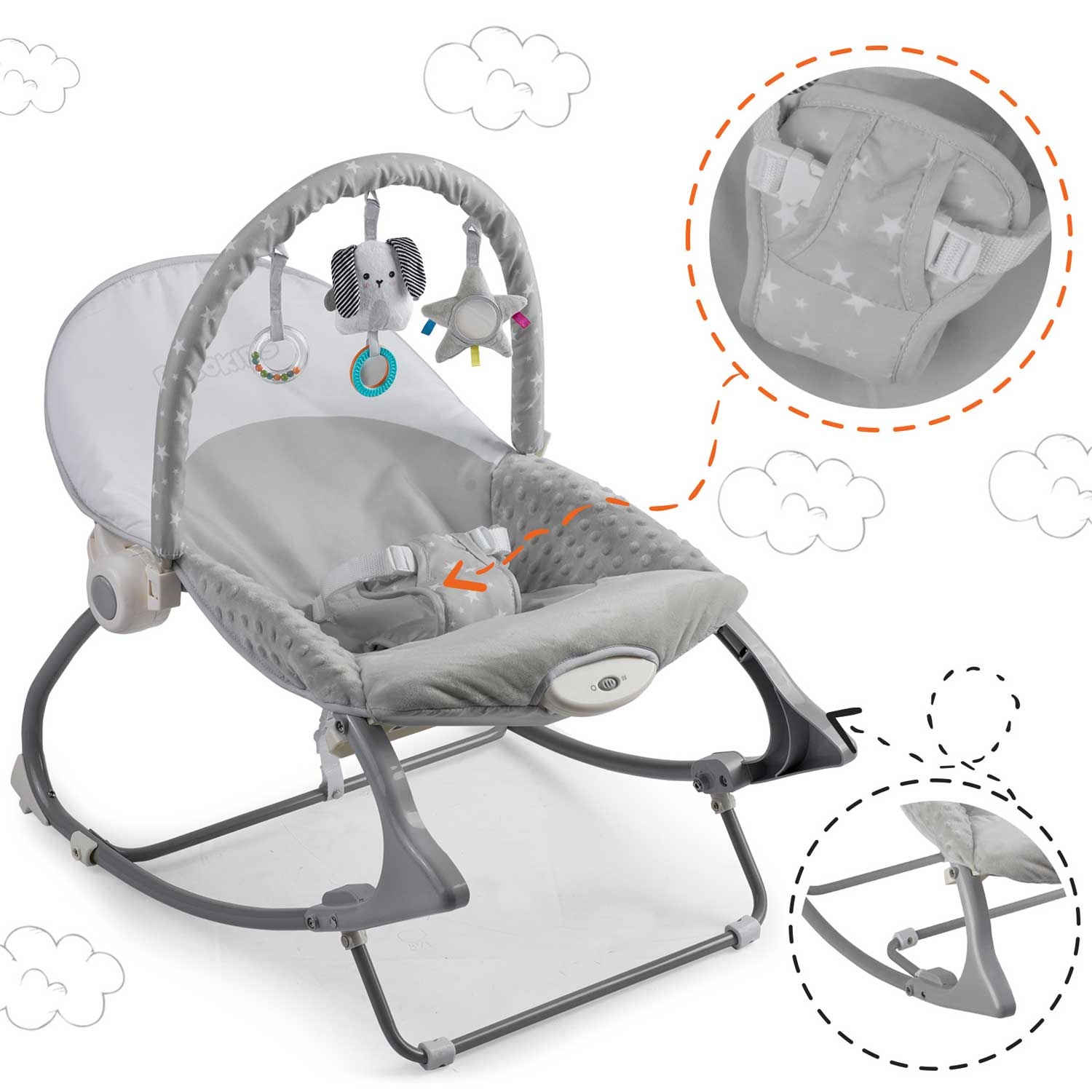 Wipstoeltje met vibratiesysteem Grijs + speelband – 70 x 48 cm