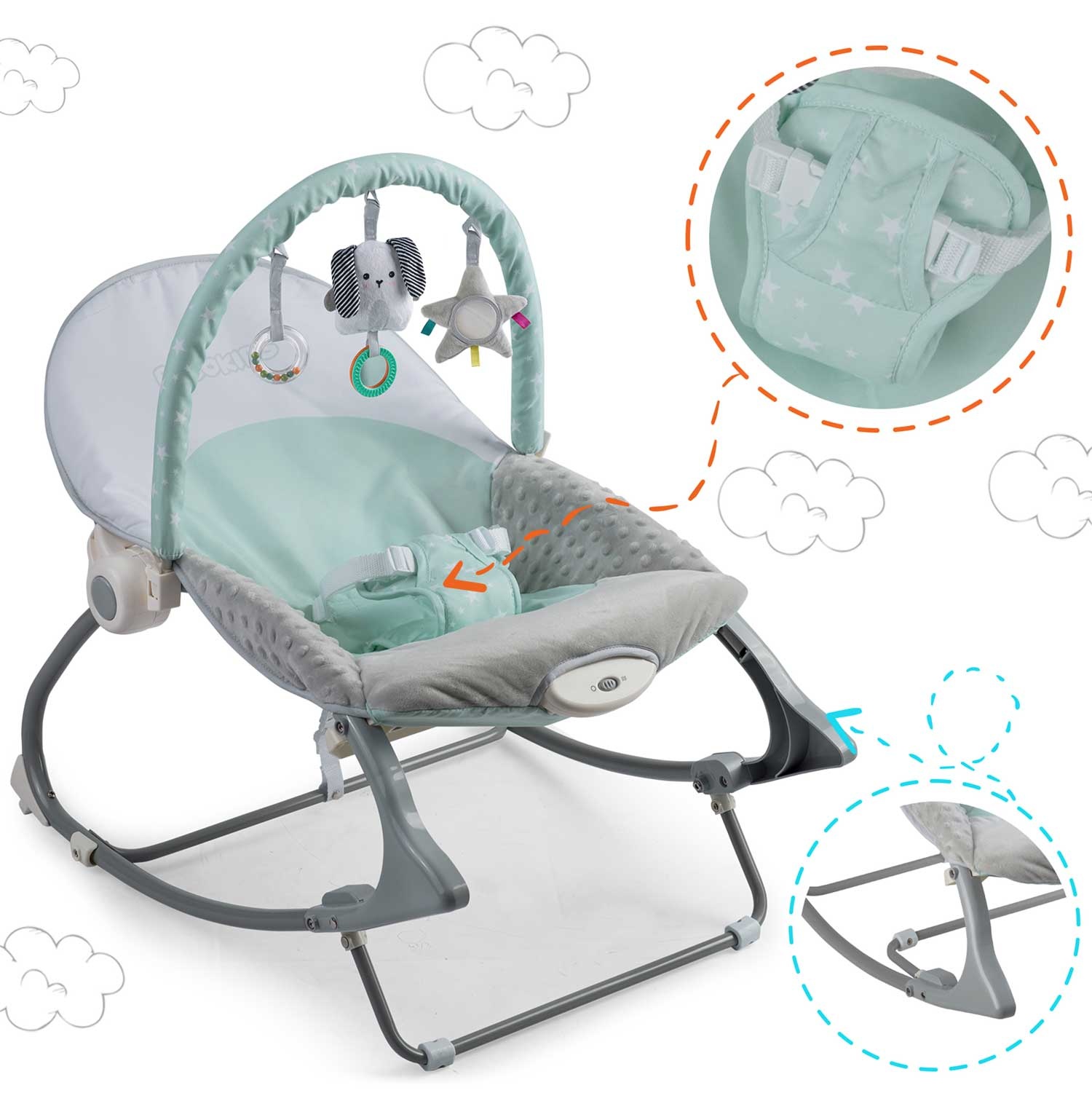 Wipstoeltje met vibratiesysteem Mint + speelband – 70 x 48 cm