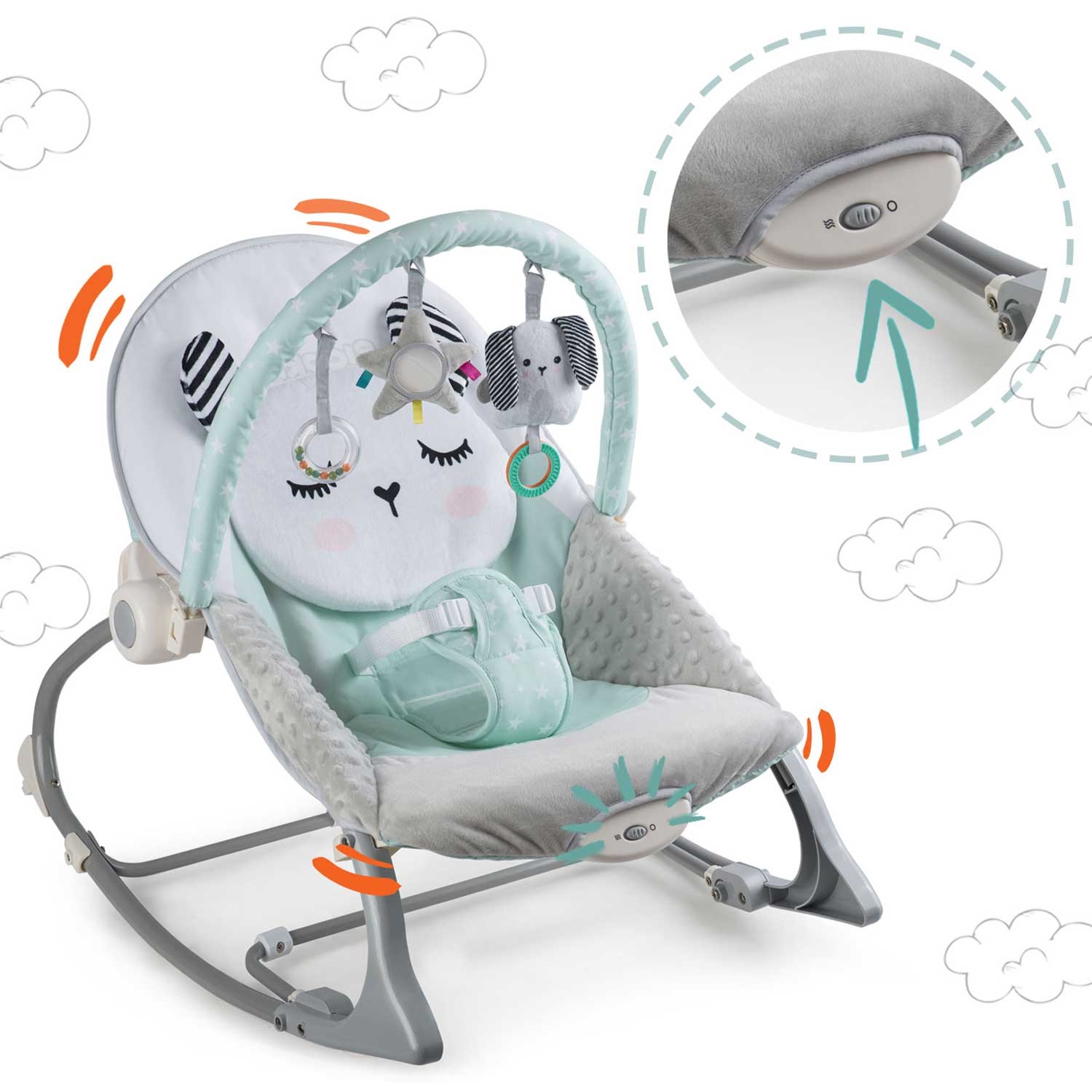 Wipstoeltje met vibratiesysteem Mint + speelband – 70 x 48 cm