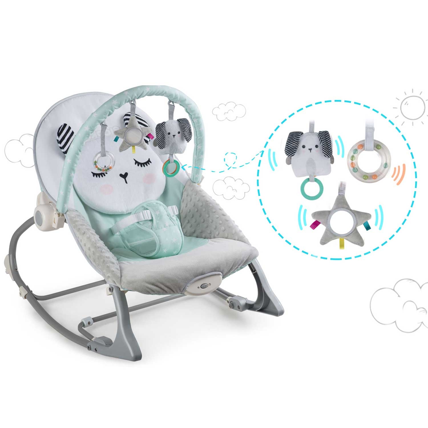 Wipstoeltje met vibratiesysteem Mint + speelband – 70 x 48 cm