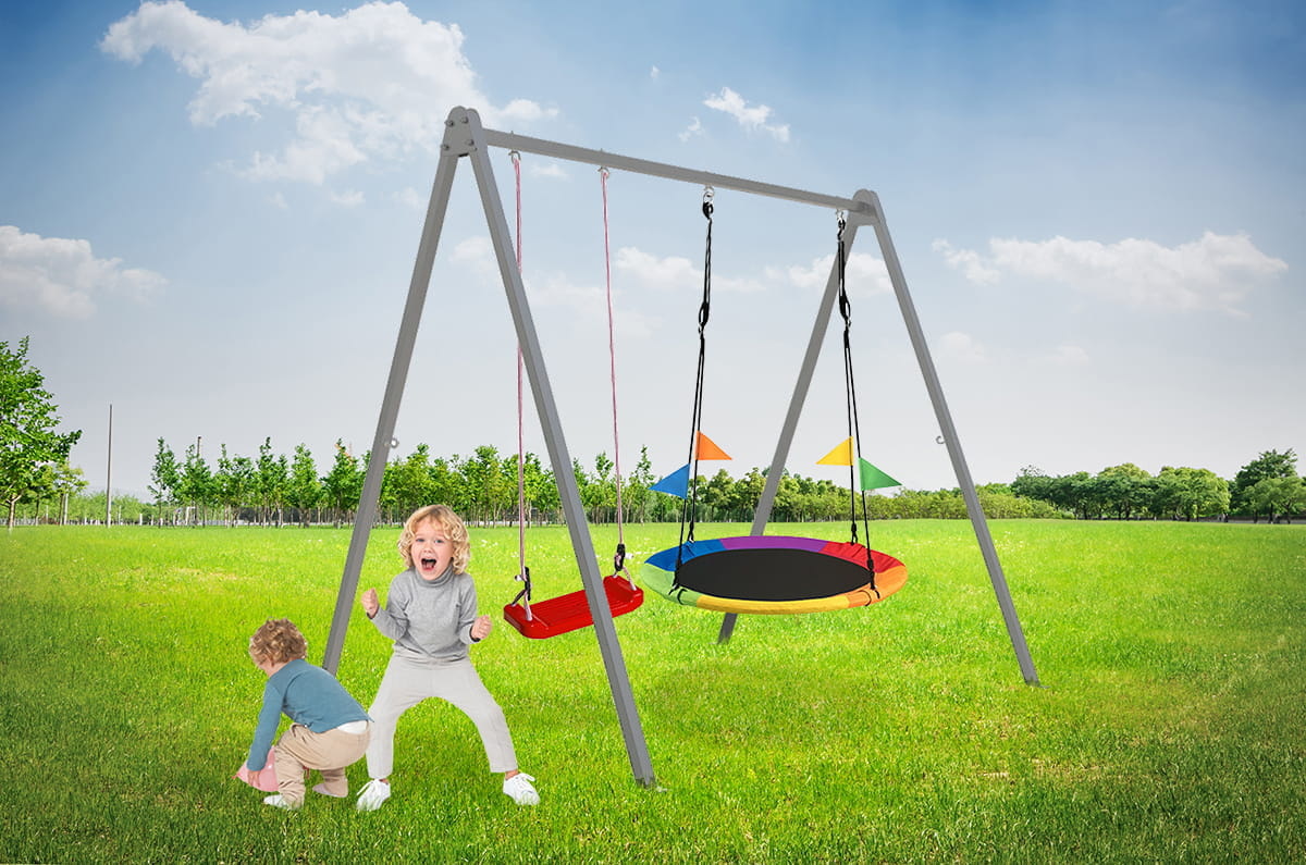 Schommelframe set + 2 schommels – 260 x 195 x 230 cm – Grijs