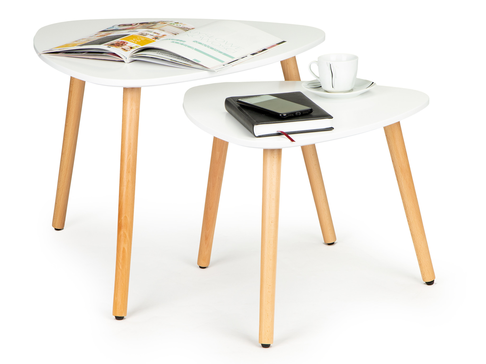 Salontafel duo – Set van 2 bijzettafels – wit met houten poten