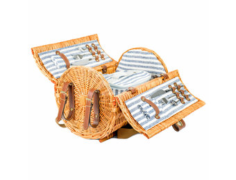 Picknickmand rond met 2-persoons servies + deken – Handgemaakt