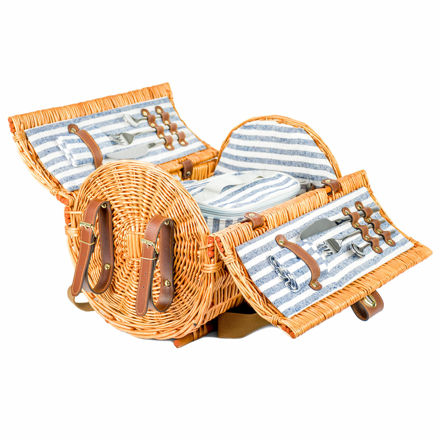 Picknickmand rond met 2-persoons servies + deken – Handgemaakt