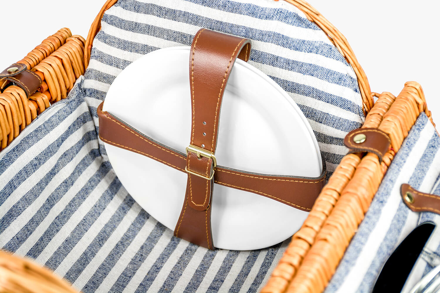 Picknickmand rond met 2-persoons servies + deken – Handgemaakt