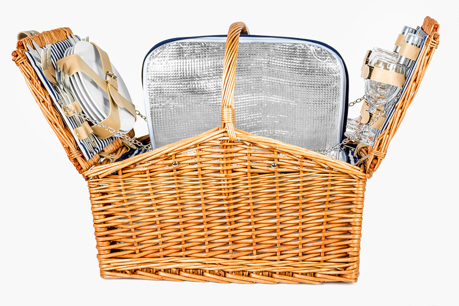 Picknickmand riet met hengsel 4-persoons + servies & thermotas