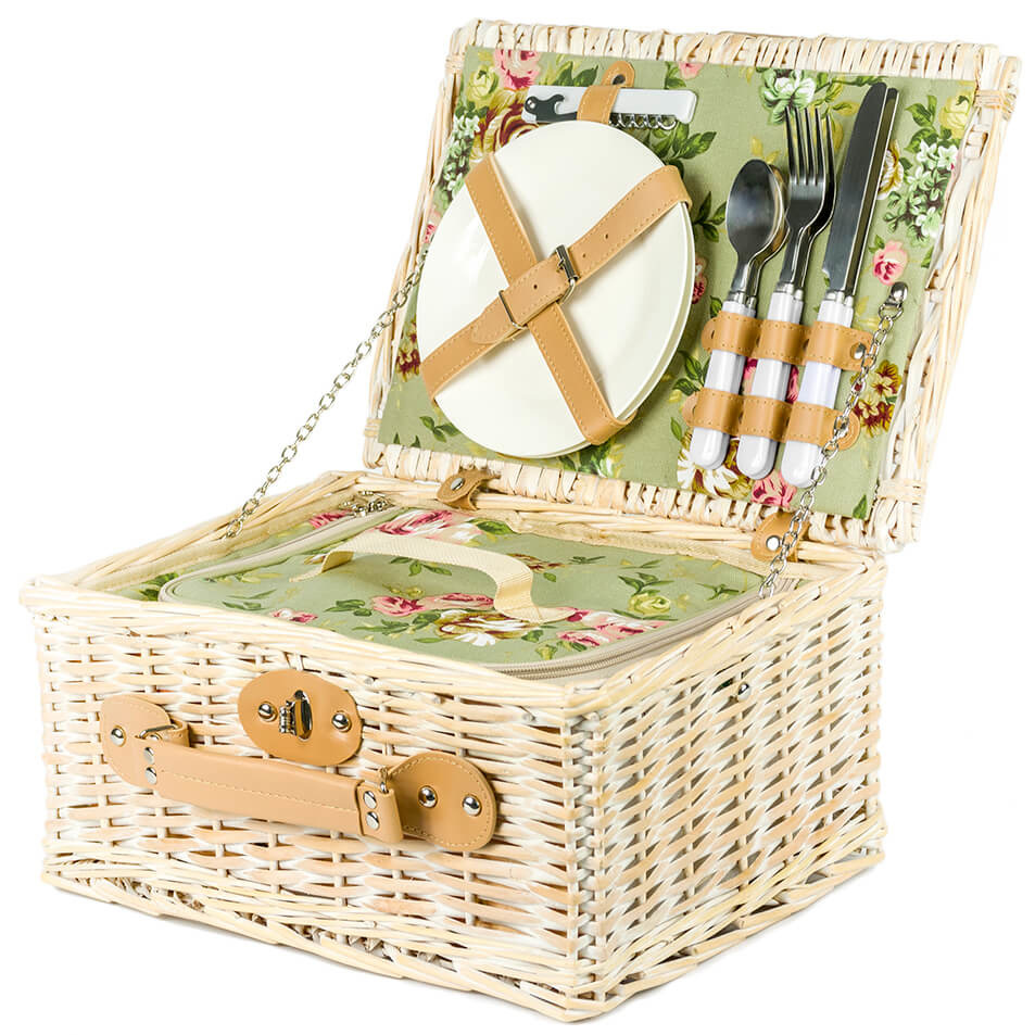 Rieten Picknickmand 37,5 x 27,5 x 18 cm + servies & thermotas