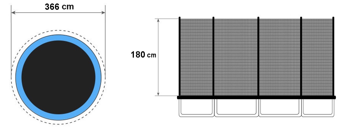 Trampoline net 366 cm buitenrand - 8 palen - 12Ft - veiligheidsnet