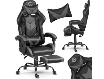 Game bureaustoel met voetensteun + kussens - zwart & grijs