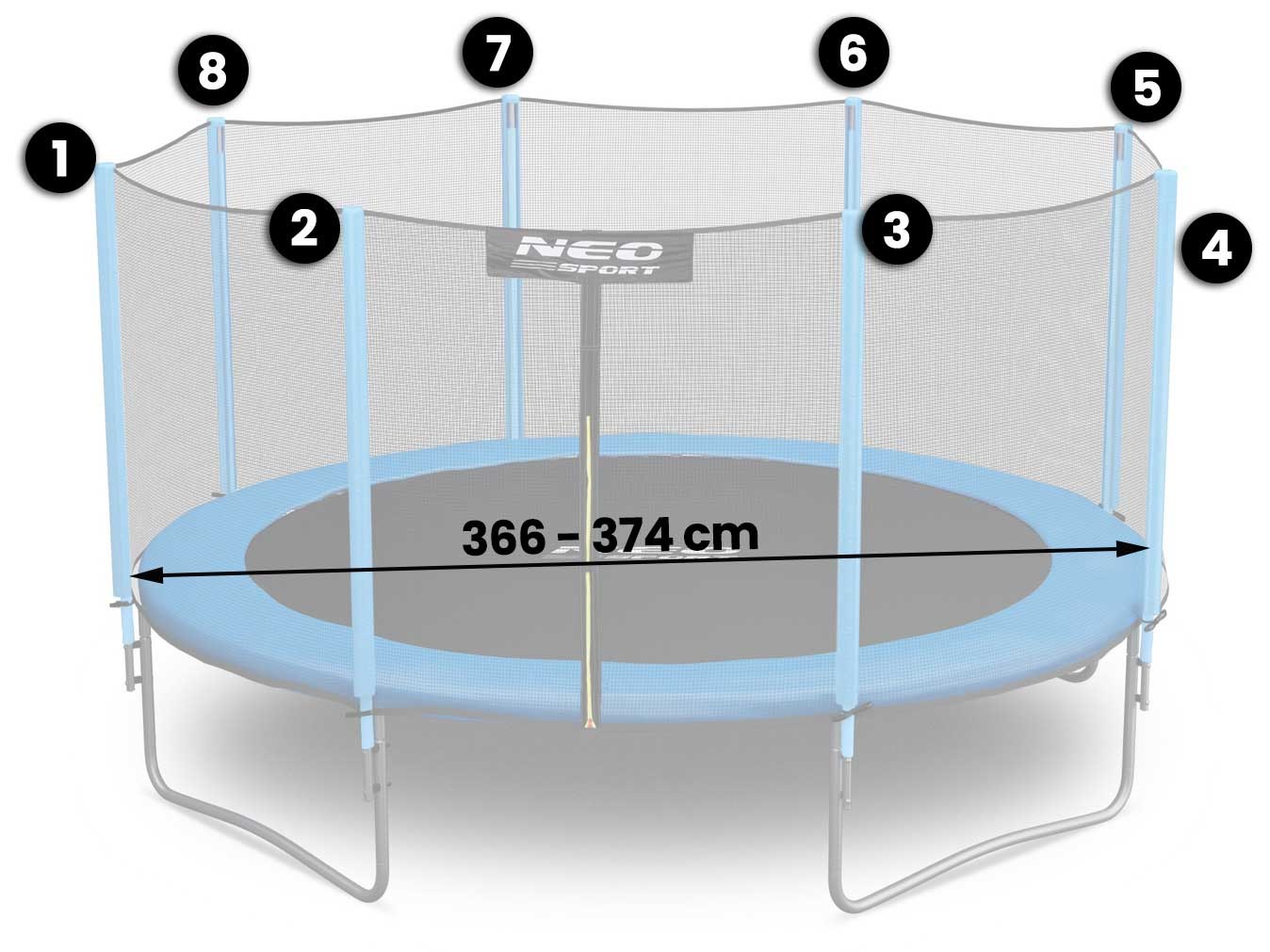 Trampoline net - 374 cm / 12ft - buitenrand bevestiging