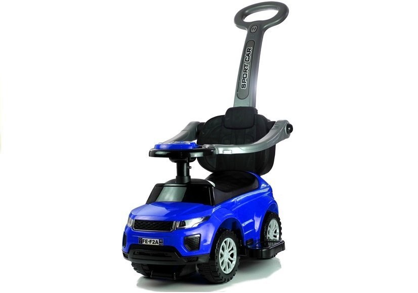 Blauwe loopwagen - peuter auto met duwstang