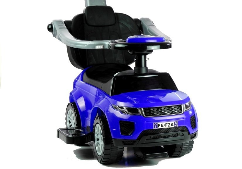 Blauwe loopwagen - peuter auto met duwstang