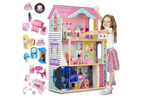 Poppenhuis hout - 3 verdiepingen met verlichting & LED