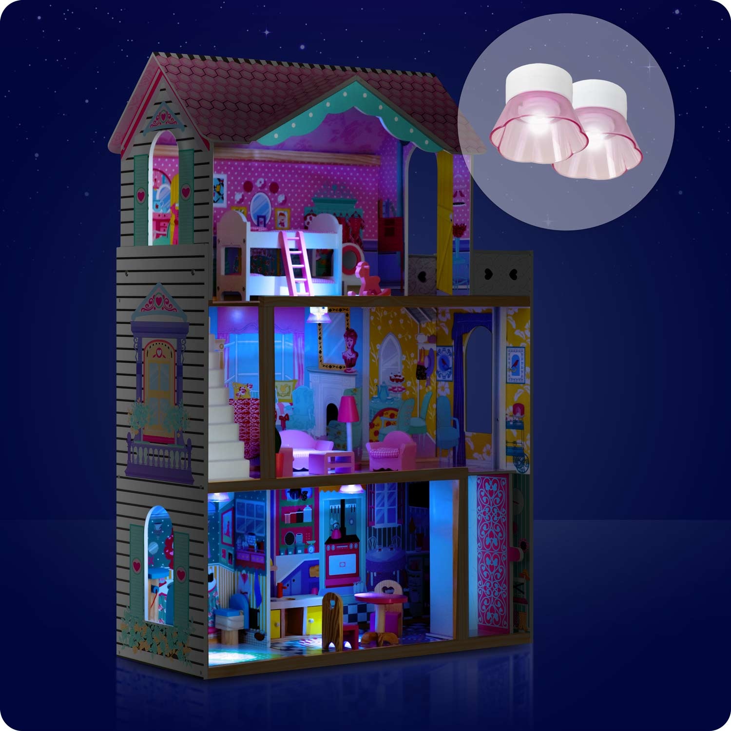 Poppenhuis hout - 3 verdiepingen met verlichting & LED
