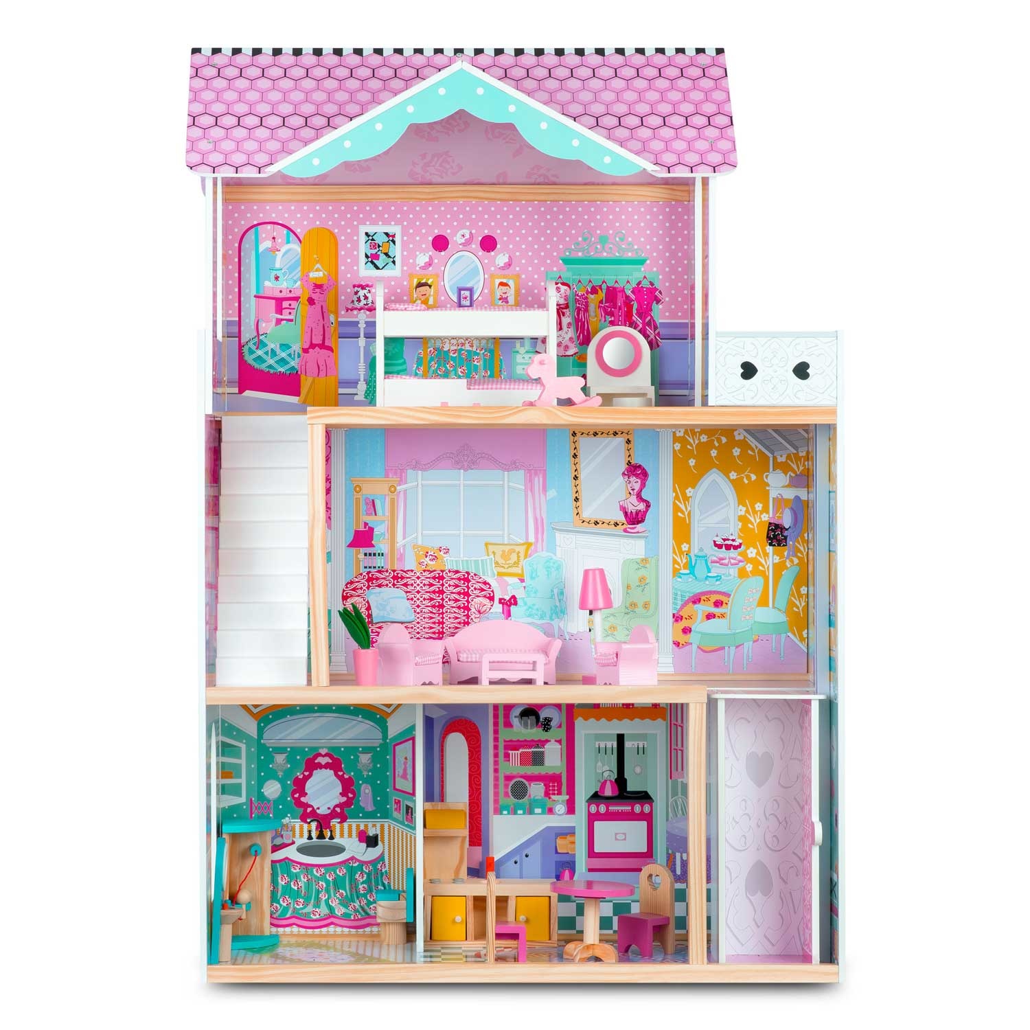 Poppenhuis hout - 3 verdiepingen met verlichting & LED