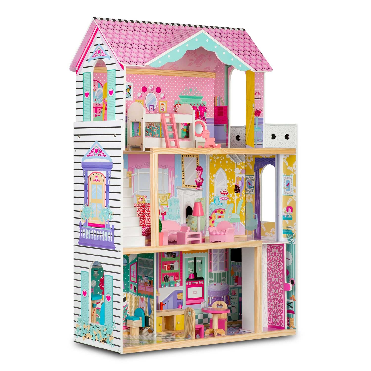 Poppenhuis hout - 3 verdiepingen met verlichting & LED