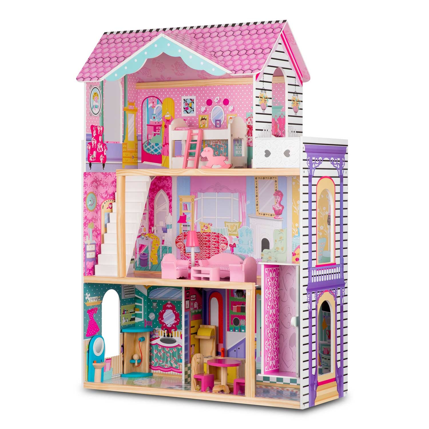 Poppenhuis hout - 3 verdiepingen met verlichting & LED