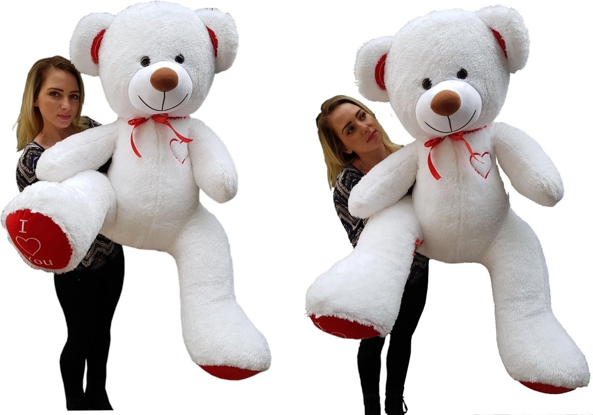 Grote witte knuffelbeer teddybeer met I Love You tekst geborduurd 160cm