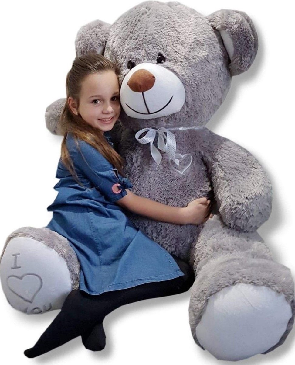 Knuffelbeer grijs 160 cm - grote XL knuffel - met geborduurd hartje