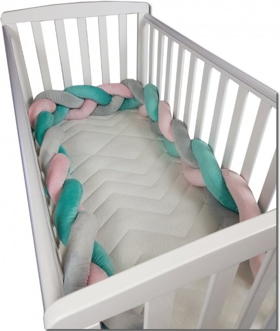 Bedbumper bedomrander - 280 cm lang - Gevlochten - Roze Groen