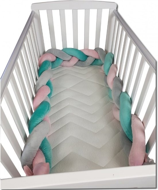 Bedbumper bedomrander - 280 cm lang - Gevlochten - Roze Groen