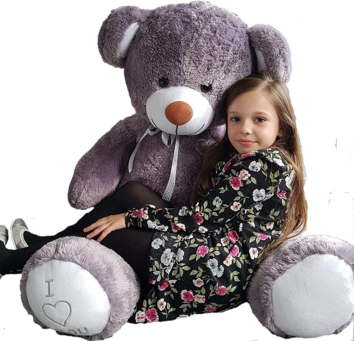 Grote grijze knuffelbeer teddybeer met I Love You tekst geborduurd 160cm