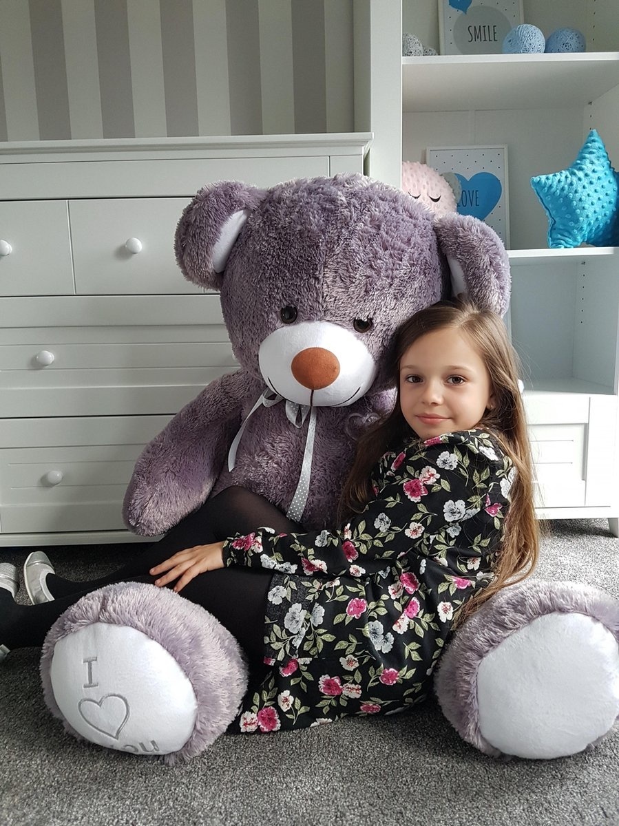 Grote grijze knuffelbeer teddybeer met I Love You tekst geborduurd 160cm