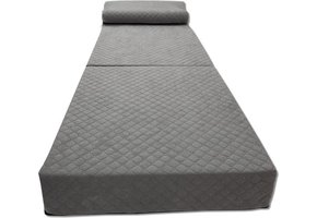 Luxe logeermatras met hoofdkussen- grijs - camping matras - zitbank - opvouwbaar - 200x70x15 cm