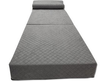 Luxe logeermatras met hoofdkussen- grijs - camping matras - zitbank - opvouwbaar - 200x70x15 cm