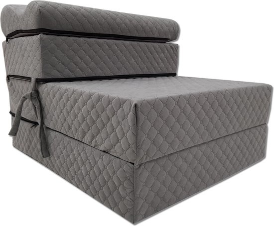 Luxe logeermatras met hoofdkussen- grijs - camping matras - zitbank - opvouwbaar - 200x70x15 cm