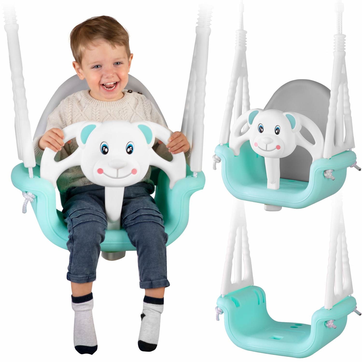 Schommel baby - beer - tot 7 jaar oud of 30 kg - turquoise-wit