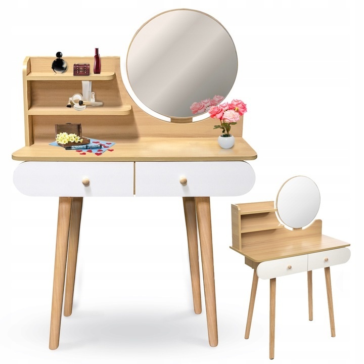 Houten kaptafel met ronde spiegel en lades - 122x80x40 cm