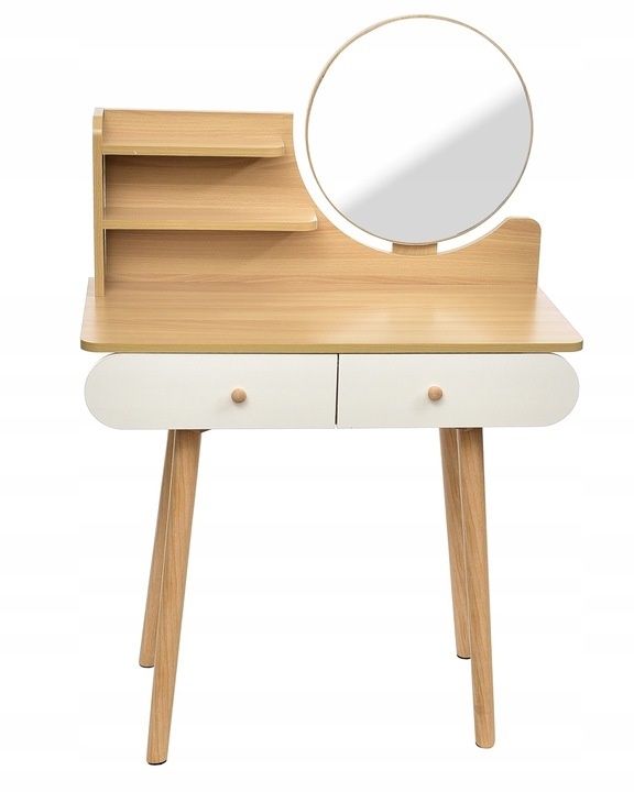 Houten kaptafel met ronde spiegel en lades - 122x80x40 cm