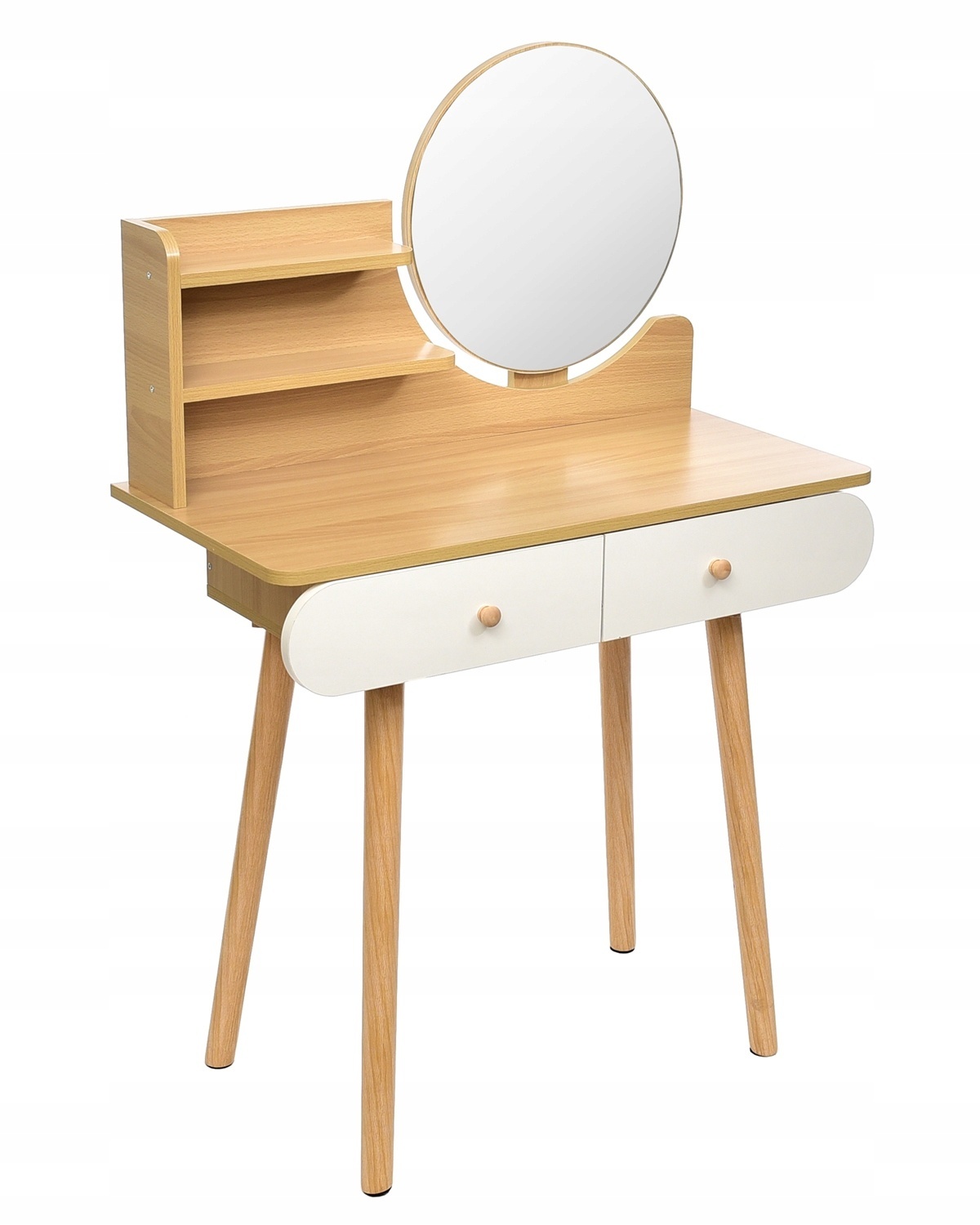 Houten kaptafel met ronde spiegel en lades - 122x80x40 cm