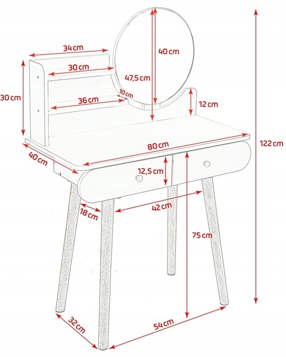 Houten kaptafel met ronde spiegel en lades - 122x80x40 cm