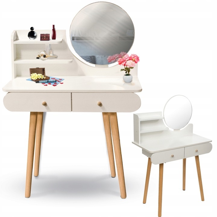 Houten kaptafel wit met spiegel en lades - 122x80x40 cm